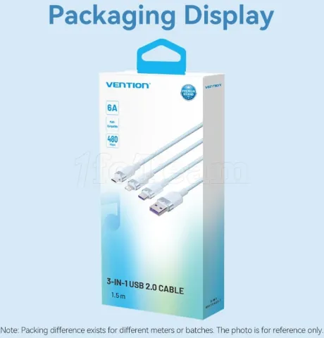 Photo de Cable 3en1 Vention USB-A 2.0 vers Micro USB, USB-C & Lightning M/M 1.5m (Blanc)