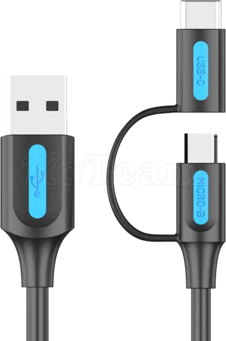 Photo de Câble Adaptateur 2en1 USB 2.0 Vention vers Micro-B + USB-C 1m (Noir)
