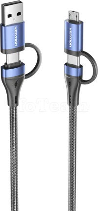 Photo de Cable Adaptateur 4en1 Vention 1x USB-C + 1x USB-A vers 1x USB-C + 1x micro- USB-B 1m (Noir/Bleu)