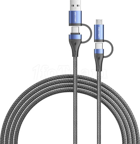 Photo de Cable Adaptateur 4en1 Vention 1x USB-C + 1x USB-A vers 1x USB-C + 1x micro- USB-B 2m (Noir/Bleu)