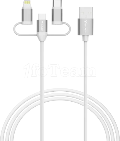 Photo de Cable Adaptateur Verbatim USB-A vers micro-B + USB-C + Lightning M/M 18W 1m (Blanc)