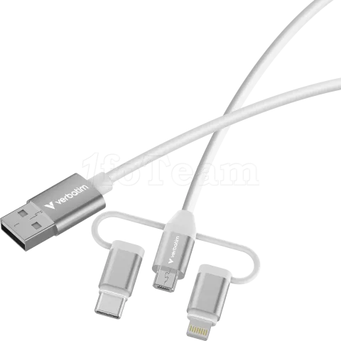 Photo de Cable Adaptateur Verbatim USB-A vers micro-B + USB-C + Lightning M/M 18W 1m (Blanc)