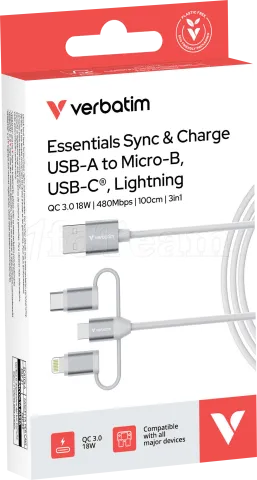 Photo de Cable Adaptateur Verbatim USB-A vers micro-B + USB-C + Lightning M/M 18W 1m (Blanc)