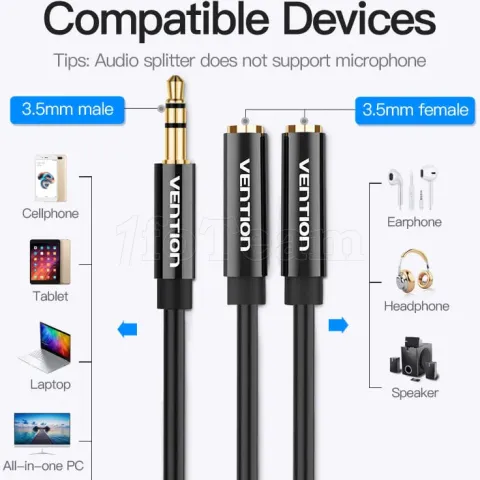 Photo de Cable Audio Vention  mini Jack 3.5mm  2x mini Jack 3.5 mm 0.3m (Noir)