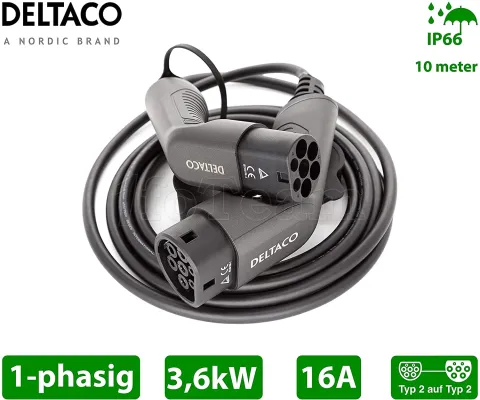 Photo de Câble de recharge Type 2 pour Voiture électrique Deltaco e-Charge EV-12010 16A Monophasé 10m (Noir)