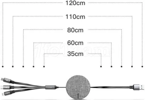 Photo de Cable rétractable 3 en 1 Baseus Fabric USB 2.0 type A - vers Type C, Micro USB & Lightning M/M 1,2m (Gris)