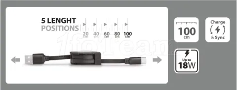 Photo de Câble rétractable Tiemme Twister USB type A - C M/M 18W 1m (Noir)