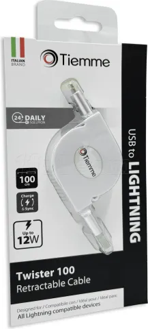 Photo de Câble rétractable Tiemme Twister USB type A - Lightning M/M 12W 1m (Blanc)