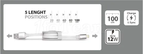 Photo de Câble rétractable Tiemme Twister USB type A - Lightning M/M 12W 1m (Blanc)