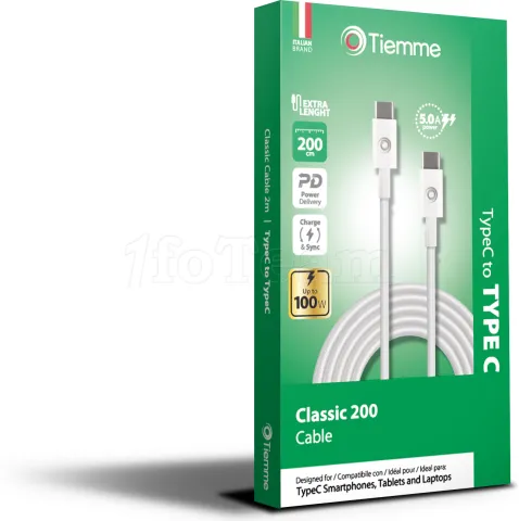 Photo de Câble Tiemme Classic USB type C M/M 100W 2m (Blanc)