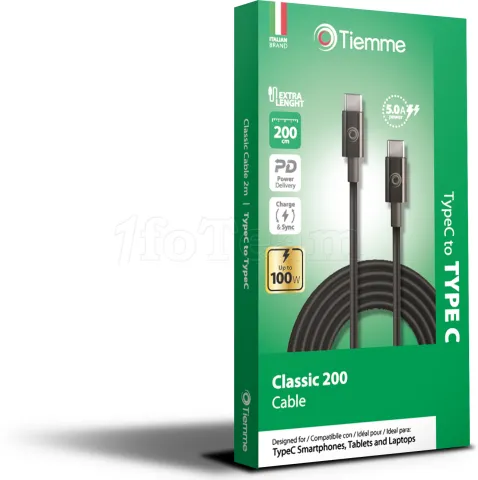 Photo de Câble Tiemme Classic USB type C M/M 100W 2m (Noir)