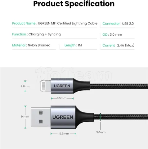 Photo de Cable uGreen USB 2.0 type A - type C M/M 2m (Noir/Gris)