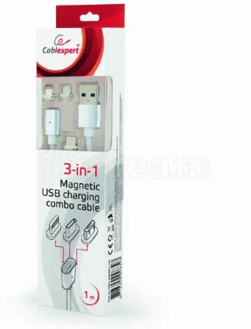Photo de Câble USB 2.0 CableXpert vers Micro USB, Type C & Lightning embouts magnétiques 1m (Blanc)