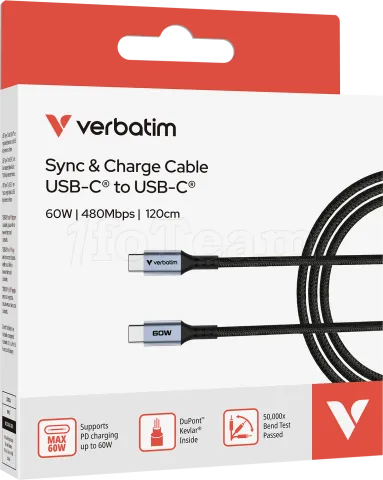 Photo de Câble USB-C Verbatim Sync & Charge 1,2m M/M 60W (Gris/Noir)