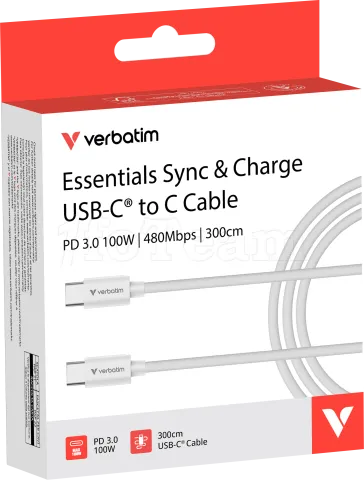 Photo de Cable Verbatim Essentials Sync & Charge USB-C 100W 3m (Blanc)