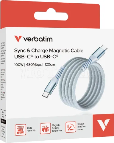 Photo de Câble Verbatim USB-C magnétique 1,2m M/M 100W (Bleu)