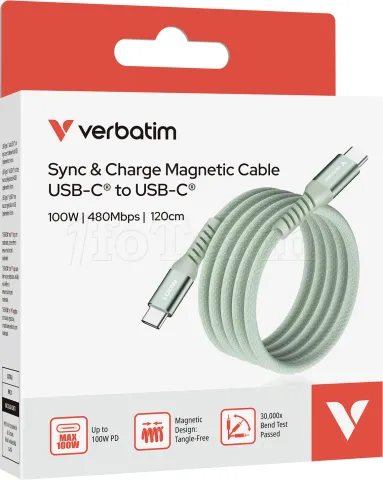 Photo de Câble Verbatim USB-C magnétique 1,2m M/M 100W (Vert)