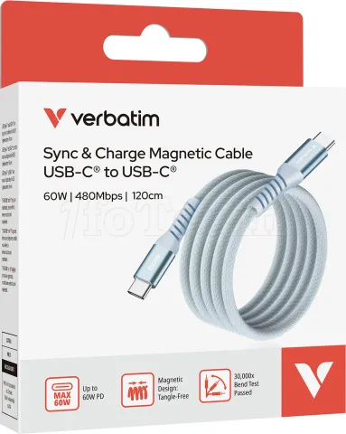 Photo de Câble Verbatim USB-C magnétique 1,2m M/M 60W (Bleu)