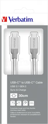 Photo de Câble Verbatim USB-C M/M 30cm Acier Inoxydable (Blanc/Gris)