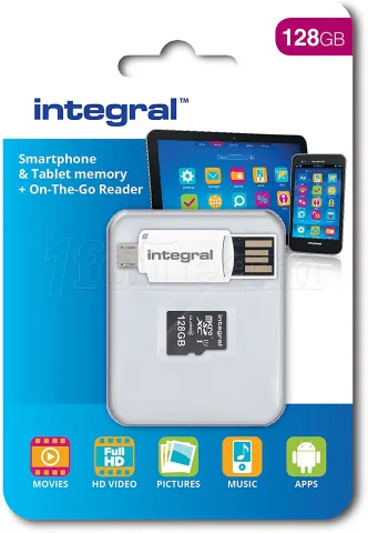 Photo de Carte mémoire Micro SD Integral UltimaPro A1 Spécial Tablettes/Smartphones 128 Go + lecteur OTG