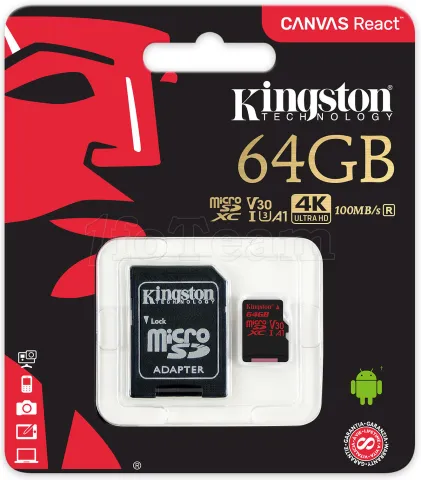Photo de Carte mémoire Micro SD Kingston Canvas React - 64Go avec adaptateur