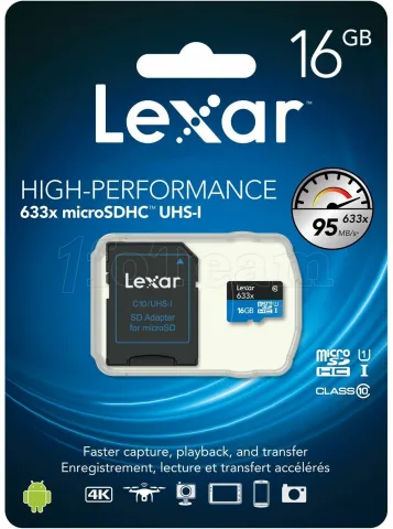 Photo de Carte mémoire Micro-SD Lexar High Performance 16Go SDHC Class 10 avec adaptateur
