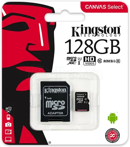 Photo de Carte mémoire Micro Secure Digital (micro SD) Kingston Canvas Select 128 Go SDHC Class 10 avec adaptateur