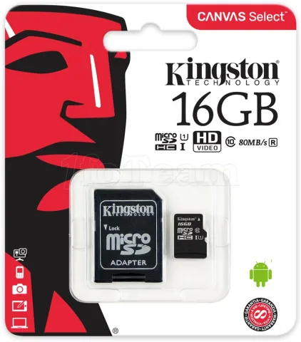 Photo de Carte mémoire Micro Secure Digital (micro SD) Kingston Canvas Select 16 Go SDHC Class 10 avec adaptateur