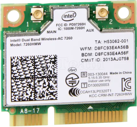 Photo de Carte Réseau Mini PCI-Express WIFI Intel Dual Band Wireless-AC 7260 (900N + BT 4.0)
