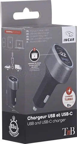 Photo de Chargeur Allume Cigare T'nb 1x USB-A et 1x USB-C 83W (Noir/Gris)