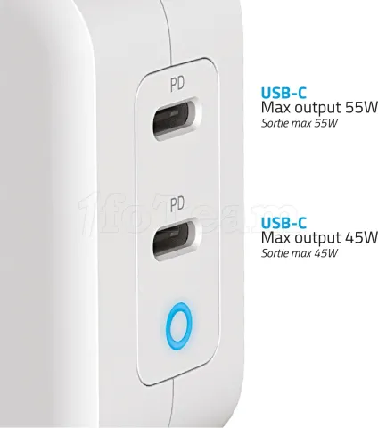 Photo de Chargeur secteur Advance 2xUSB-C (1x55W + 1x45W) (Blanc)