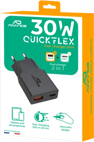 Photo de Chargeur secteur Advance QuickFlex 1xUSB-A + 1x USB-C 30W (Noir)