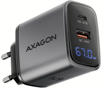 Photo de Chargeur secteur Axagon ACU-PQ67D - 1x USB-A + 1x USB-C 67W (Gris)