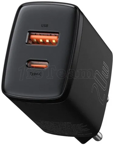 Photo de Chargeur secteur Baseus Compact 1x port USB-A + 1x port USB-C 20W (Noir)