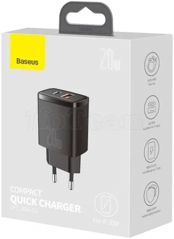 Photo de Chargeur secteur Baseus Compact 1x port USB-A + 1x port USB-C 20W (Noir)