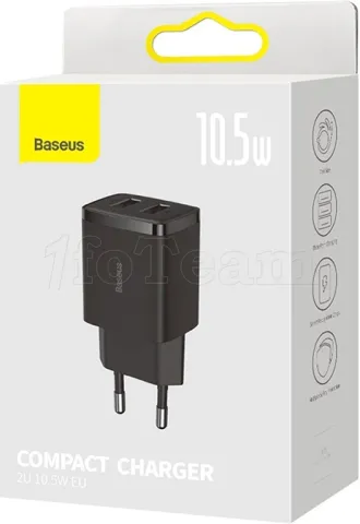 Photo de Chargeur secteur Baseus Compact 2x ports USB-A 10,5W (Noir)