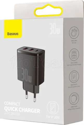 Photo de Chargeur secteur Baseus Compact 2x ports USB-A + 1x port USB-C 30W (Noir)