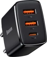 Photo de Chargeur secteur Baseus Compact 2x ports USB-A + 1x port USB-C 30W (Noir)