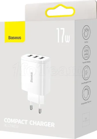 Photo de Chargeur secteur Baseus Compact 3x ports USB-A 17W (Blanc)