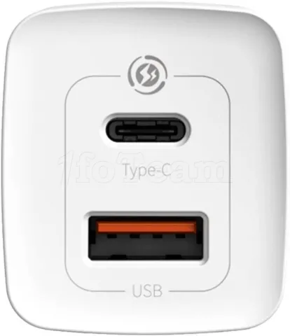 Photo de Chargeur secteur Baseus GaN2 Lite 1x port USB-A + 1x port USB-C 65W (Blanc)