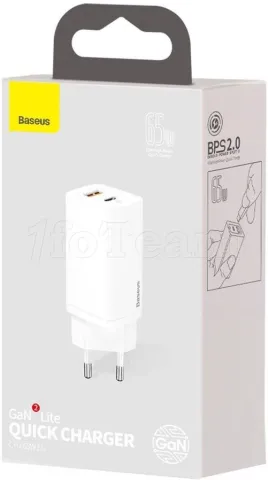 Photo de Chargeur secteur Baseus GaN2 Lite 1x port USB-A + 1x port USB-C 65W (Blanc)