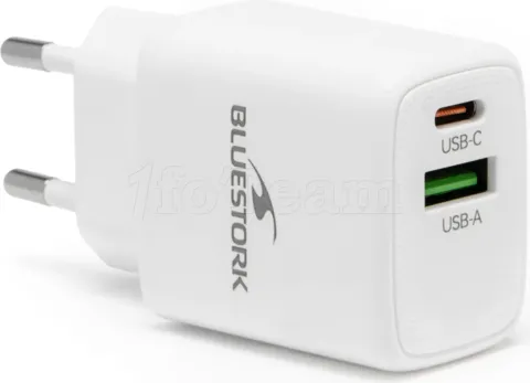 Photo de Chargeur secteur Bluestock GaN 1x USB-A + 1x USB-C 30W (Blanc)