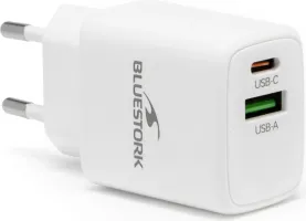 Photo de Chargeur secteur Bluestock GaN 1x USB-A + 1x USB-C 30W (Blanc)