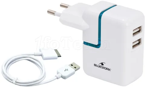 Photo de Chargeur secteur Bluestork 2 ports USB 5V (2.1A + 1A) + cable iPhone