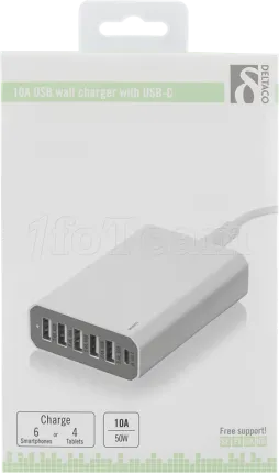 Photo de Chargeur secteur Deltaco 5 ports USB + 1 port USB-C 50W (Blanc)