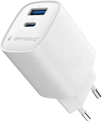Photo de Chargeur secteur Gembird 1x USB-A + 1x USB-C 45W (Blanc)