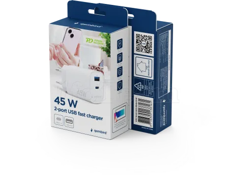 Photo de Chargeur secteur Gembird 1x USB-A + 1x USB-C 45W (Blanc)