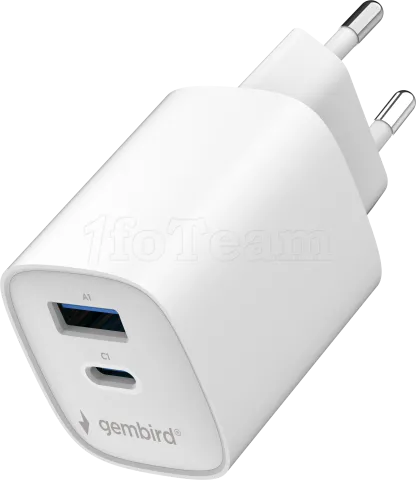 Photo de Chargeur secteur Gembird 1x USB-A + 1x USB-C 45W (Blanc)