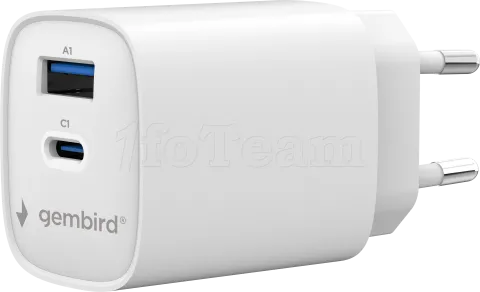 Photo de Chargeur secteur Gembird 1x USB-A + 1x USB-C 45W (Blanc)