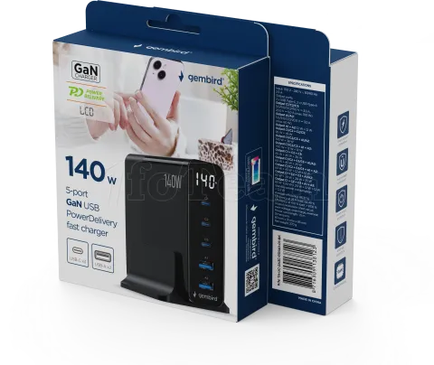 Photo de Chargeur secteur Gembird GaN 2x USB-A + 3x USB-C 140W (Noir)